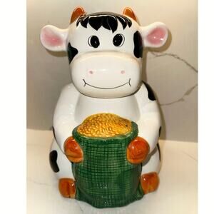 Vintage Cookie Jar White Cow Black Spots Holding Corn Bag